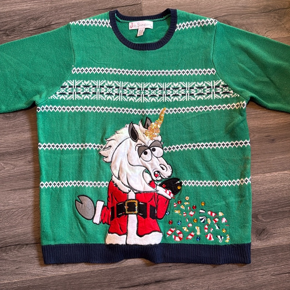 🎄Jolly Sweaters Christmas green Unicorn Santa size XL - ugly Christmas sweater.